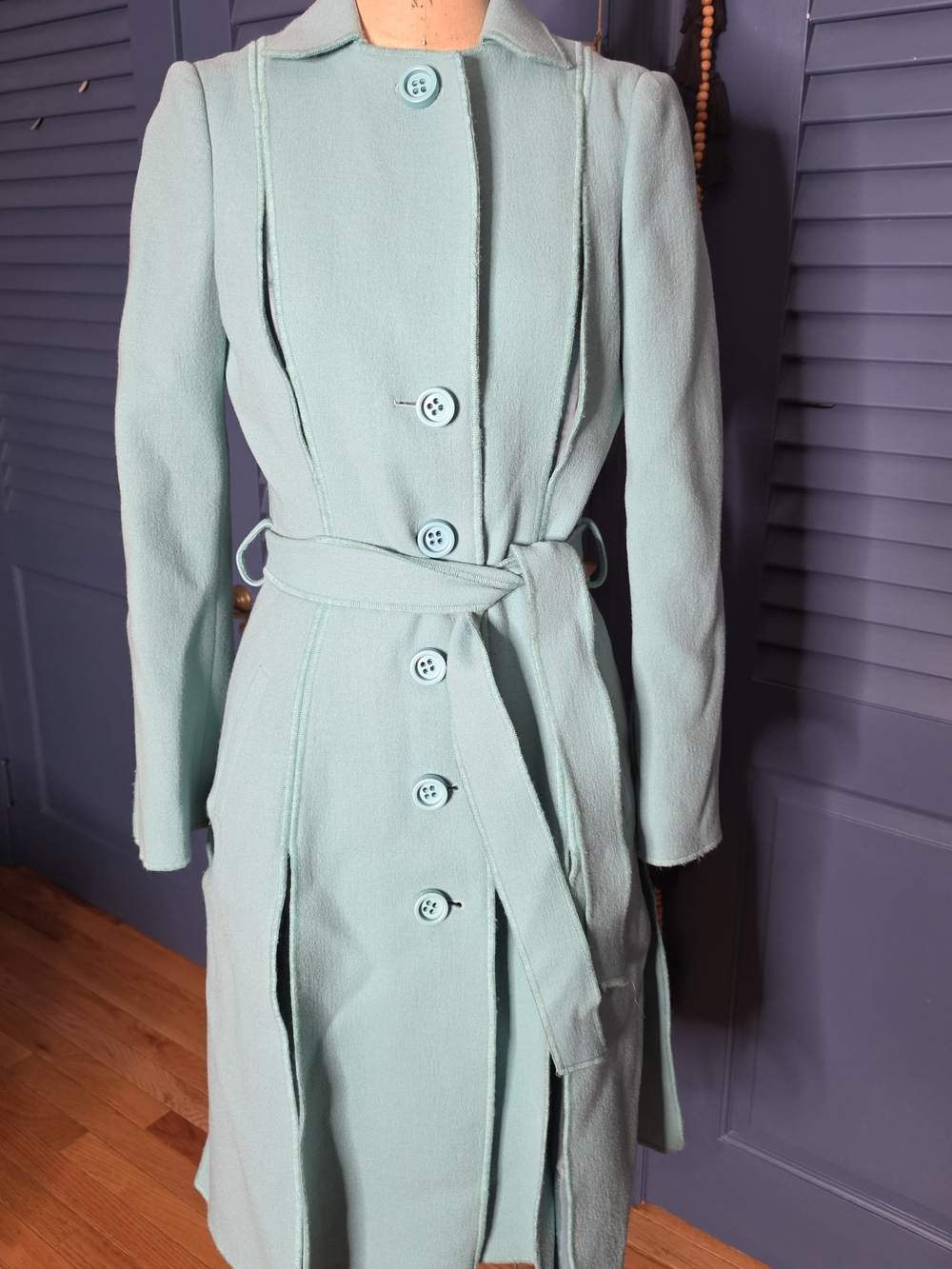 Vintage Moschino Cheap and Chic Mint Green Pleated Wool Trench Coat Size 6
